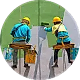 two men hanging from the roof using a rope and painting outside wall of a building with a roller painting brush