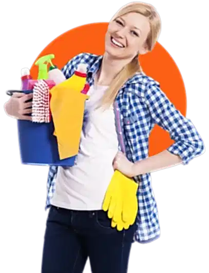 female cleaner holding cleaning equipments and gloves