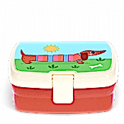 Red lunch box with a cream cover featuring a sausage dog