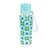 A clear plastic water bottle with a blue cup and a geometric floral print