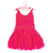  A vibrant, bright pink dress featuring a knitted crochet top and a tulle skirt
