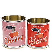 Two retro-style storage tins in red and pink with a cherry print