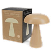 A table lamp in the shape of a brown mushroom and a box