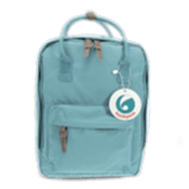 Blue compact backpack with a pocket and handles.