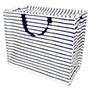 Large rectangular storage bag with navy blue and white horizontal stripes, featuring dark blue handles.