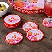 Four round coaster with Italian Aperitivo Spritz design and storage tin