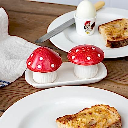 Red mushroom-shaped salt and pepper shakers.