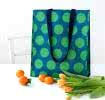 Recycled plastic shopping bag green circles dark blue background