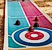 Curling game board with colourful target and brown poop-shaped pieces