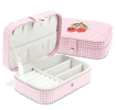 Pink gingham travel jewellery box with multiple compartments and slots.
