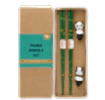 Green bamboo-themed chopsticks set with two panda ceramic rests in a gift box.