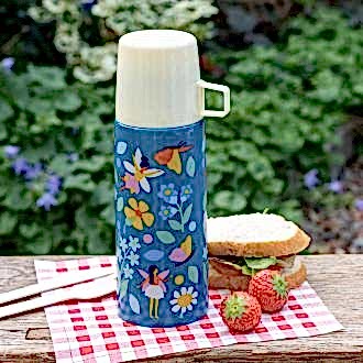 Small dark blue stainless steel flask with cream plastic cup featuring fairies amongst flowers