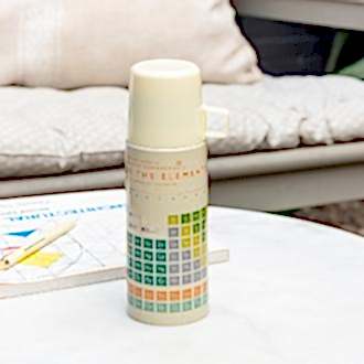 Small cream stainless steel flask with cream plastic cup featuring print of periodic table of elements