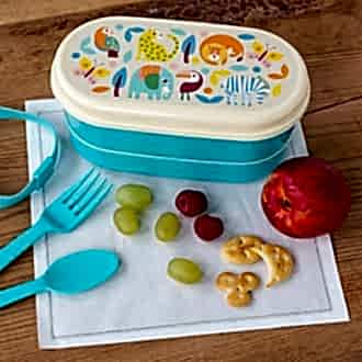 Turquoise plastic bento box with cream lid and middle tray featuring colourful illustrations of wild animals