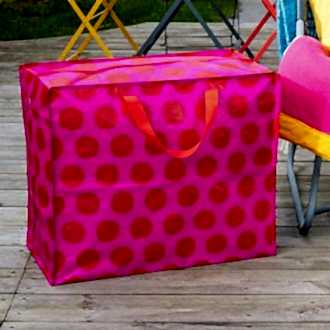 Recycled plastic jumbo storage bag red circles pink background