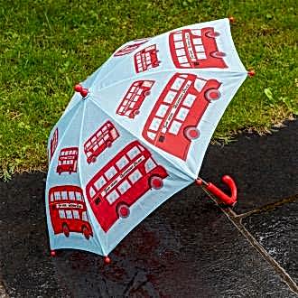 A children’s umbrella featuring red double-decker buses.