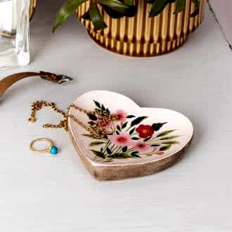 Wooden heart-shaped trinket dish - Flowers