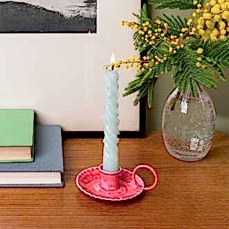 Enamel chamberstick candle holder - Vibrant pink