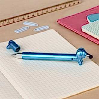 blue sausage dog stylus ballpoint pen with cap off, lying on a notebook