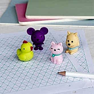 Four animal-shaped erasers in different colours.