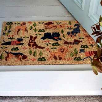 Colourful doormat featuring various dogs in different poses and colours 