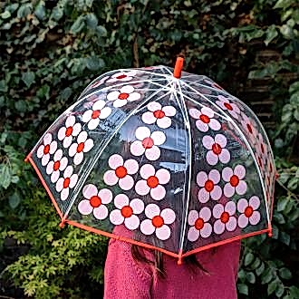 Transparent umbrella with red trim and pink daisy pattern