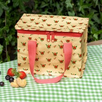 French rose design insulated lunch bag showing fruit on the side