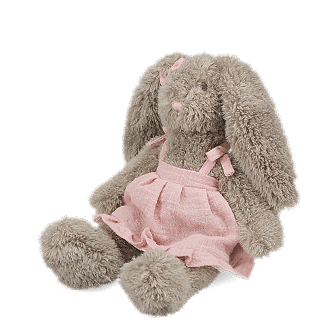 Plush bunny toy with floppy ears, wearing a pink dress