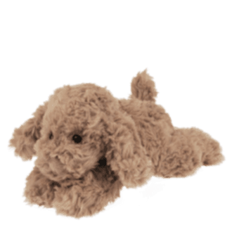 Brown plush dog toy lying down with floppy ears and soft fur