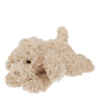 Light brown plush dog toy lying down with floppy ears and soft fur