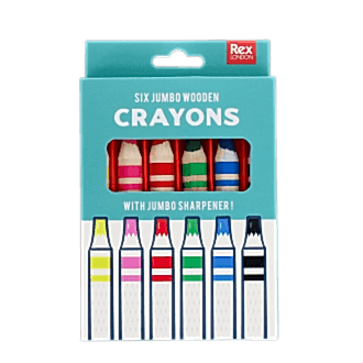 Pack of six jumbo wooden crayons in assorted colors with sharpener