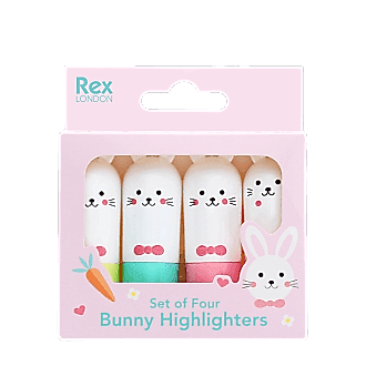 Set of four bunny-shaped highlighters in different colours in a pink box.