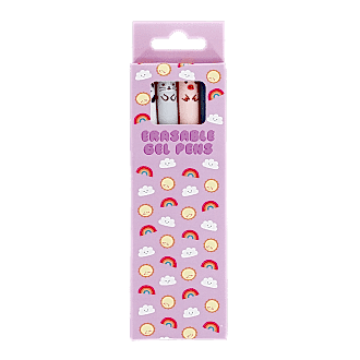 Pack of four animal-themed erasable gel pens in a pink box with rainbow and cloud design.
