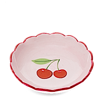 round ceramic trinket dish with scalloped red edge and cherry design in the center
