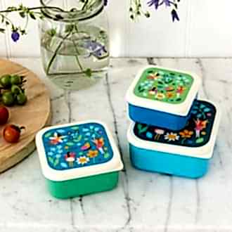 Three plastic snack boxes in blues greens and cream featuring prints of fairies amongst flowers
