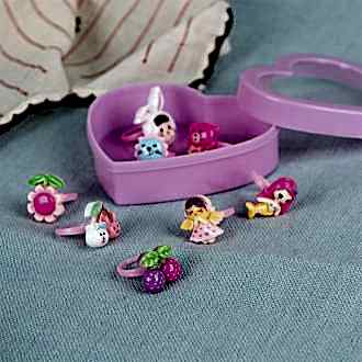 Assorted colourful rings with animal, mermaid, flower, and fruit designs