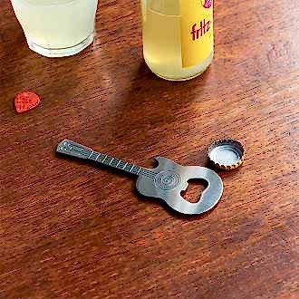 Guitar-shaped fridge magnet with built-in bottle openers in silver
