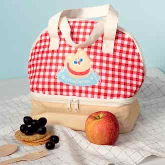 Red and white checkered lunch bag featuring a cute bear illustration 