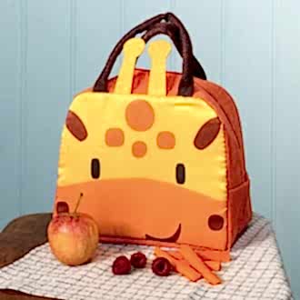 Orange lunch bag with dark brown handles and a cute giraffe face design on the front and two giraffe horns at the top
