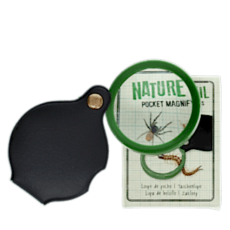 Nature Trail pocket magnifying glass with green frame, black leather case, and illustrated packaging.