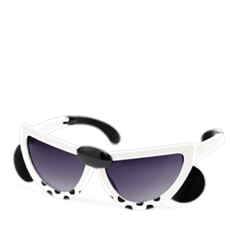 sunglasses with white snow leopard design, black spots, and dark lenses