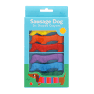Set of six sausage dog-shaped crayons in yellow, purple, red, blue, green, and orange in packaging.
