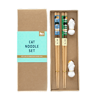 Cat-themed chopsticks set with two ceramic rests in a gift box.