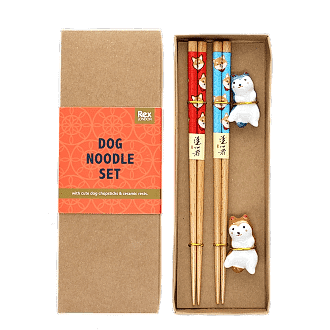 Dog-themed chopsticks set with two ceramic rests in a gift box.