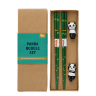 Green bamboo-themed chopsticks set with two panda ceramic rests in a gift box.