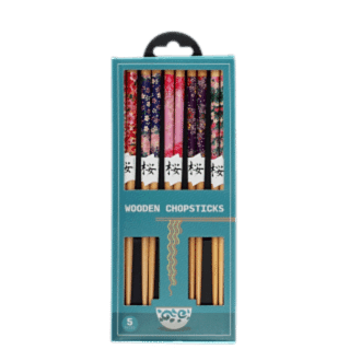 Box of five pairs of wooden chopsticks with colorful floral designs