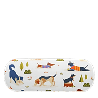 Glasses case with playful illustrated dogs and trees on a light background