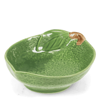 Green ceramic bowl with textured surface and a leaf design near the rim with brown stem accent