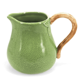 Green ceramic jug with textured surface and a curved brown handle