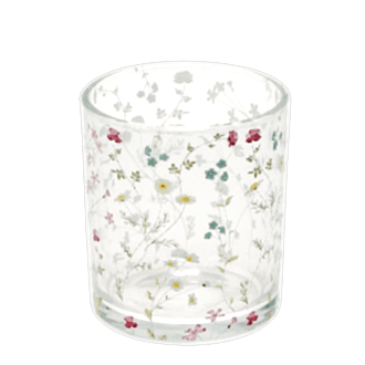 Clear glass candle holder with delicate floral design 